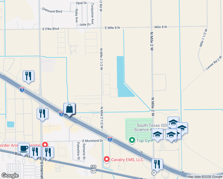 map of restaurants, bars, coffee shops, grocery stores, and more near 100 La Herencia Drive in Mercedes