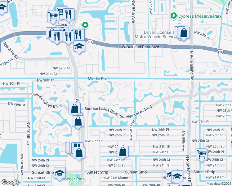 map of restaurants, bars, coffee shops, grocery stores, and more near 9701 Sunrise Lakes Boulevard in Sunrise