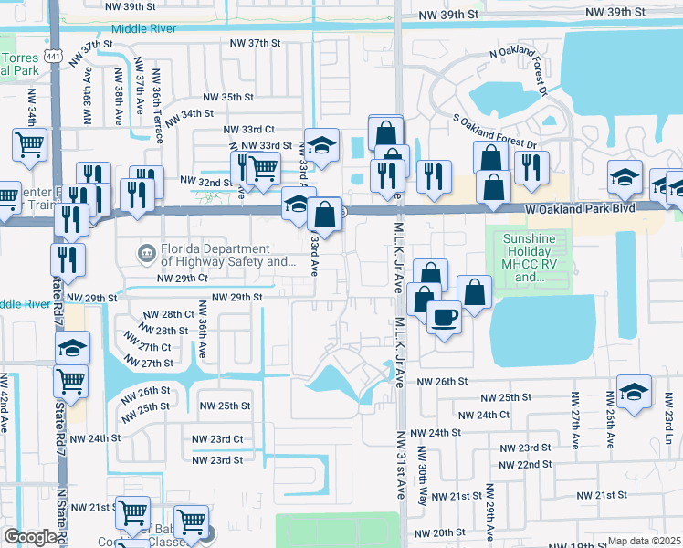 map of restaurants, bars, coffee shops, grocery stores, and more near 3200 Northwest 30th Street in Lauderdale Lakes