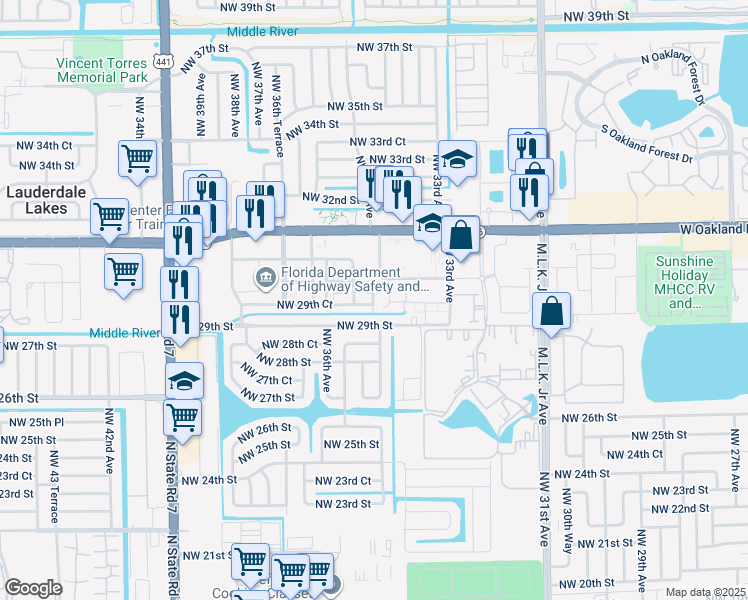 map of restaurants, bars, coffee shops, grocery stores, and more near 2998 Northwest 30th Street in Lauderdale Lakes