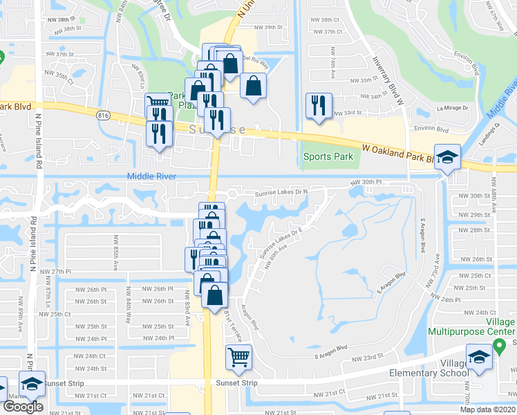 map of restaurants, bars, coffee shops, grocery stores, and more near 8080 Sunrise Lakes Drive North in Sunrise