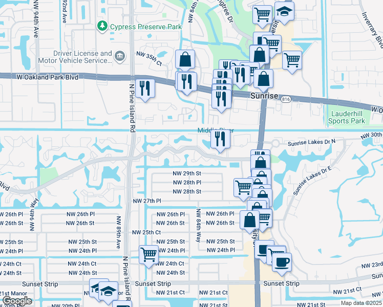 map of restaurants, bars, coffee shops, grocery stores, and more near in Sunrise