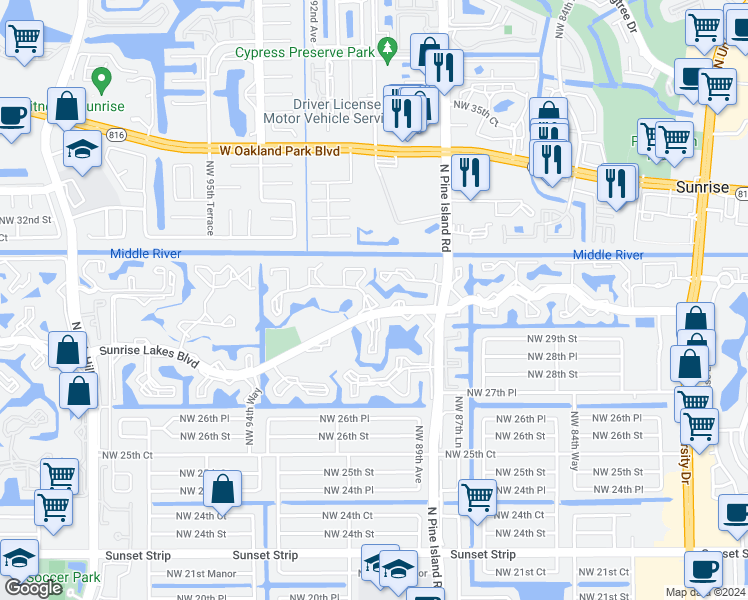 map of restaurants, bars, coffee shops, grocery stores, and more near 8951 Sunrise Lakes Boulevard in Sunrise