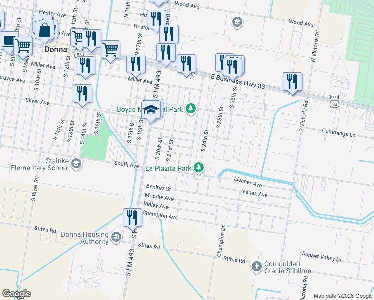 map of restaurants, bars, coffee shops, grocery stores, and more near 412 South 23rd Street in Donna