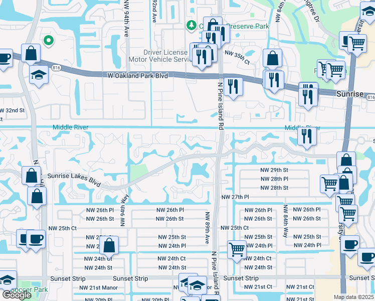map of restaurants, bars, coffee shops, grocery stores, and more near 8951 Sunrise Lakes Boulevard in Sunrise