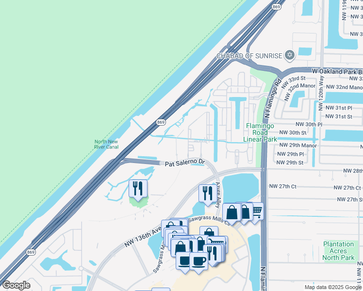 map of restaurants, bars, coffee shops, grocery stores, and more near 3000-3004 Northwest 130th Avenue in Sunrise