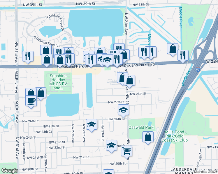 map of restaurants, bars, coffee shops, grocery stores, and more near 2319 Northwest 29th Street in Oakland Park
