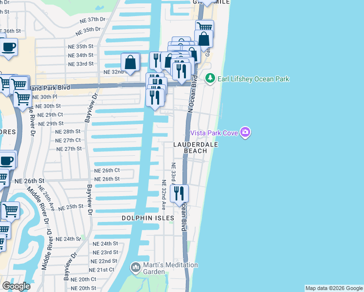 map of restaurants, bars, coffee shops, grocery stores, and more near 2915 North Ocean Boulevard in Fort Lauderdale