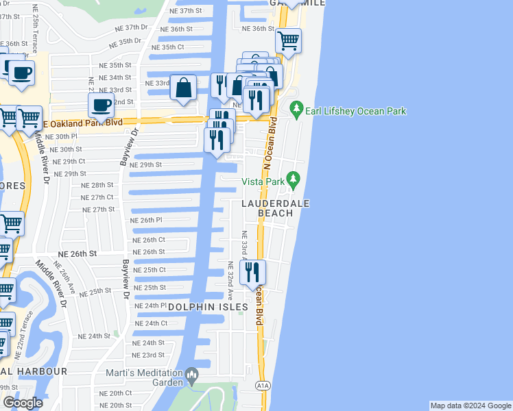 map of restaurants, bars, coffee shops, grocery stores, and more near 2915 North Ocean Boulevard in Fort Lauderdale