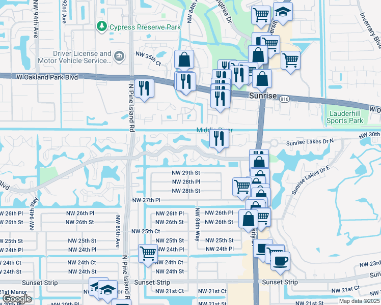 map of restaurants, bars, coffee shops, grocery stores, and more near in Sunrise