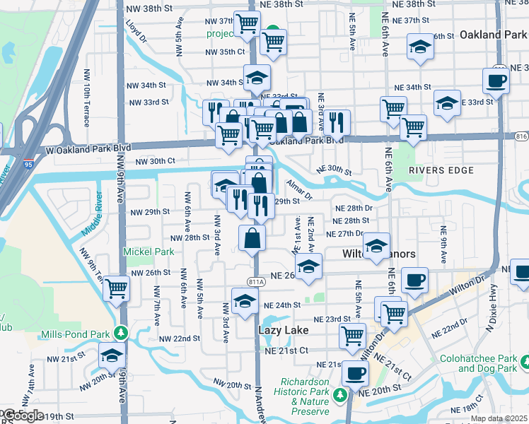 map of restaurants, bars, coffee shops, grocery stores, and more near 2850 North Andrews Avenue in Wilton Manors
