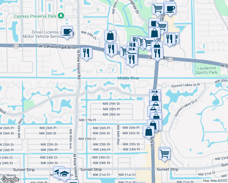 map of restaurants, bars, coffee shops, grocery stores, and more near in Sunrise
