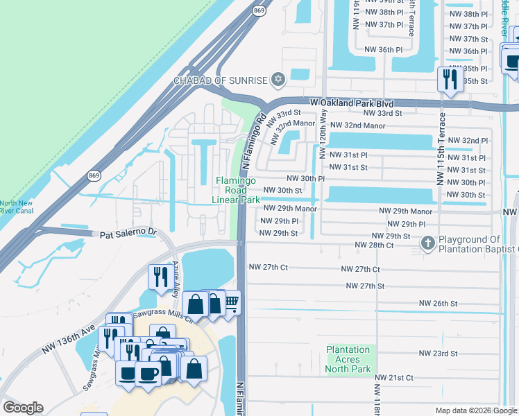 map of restaurants, bars, coffee shops, grocery stores, and more near 12351 Northwest 29th Manor in Sunrise