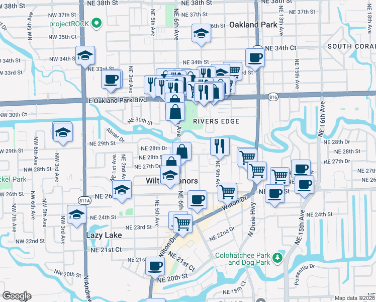 map of restaurants, bars, coffee shops, grocery stores, and more near 608 Northeast 29th Drive in Wilton Manors