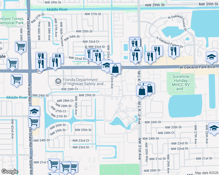 map of restaurants, bars, coffee shops, grocery stores, and more near 2999 Northwest 33rd Avenue in Lauderdale Lakes