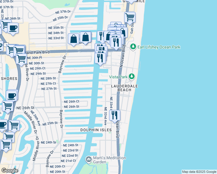 map of restaurants, bars, coffee shops, grocery stores, and more near 20 Northeast 28th Street in Fort Lauderdale
