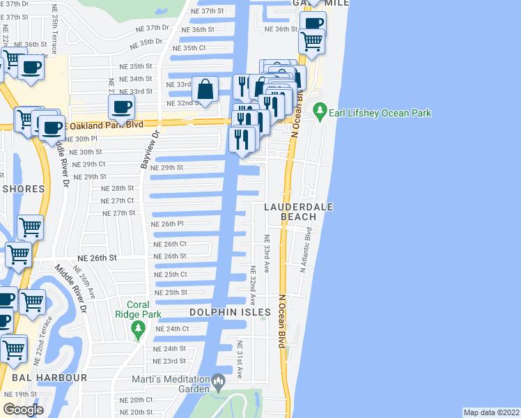 map of restaurants, bars, coffee shops, grocery stores, and more near 20 Northeast 28th Street in Fort Lauderdale