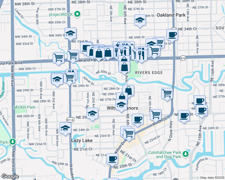 map of restaurants, bars, coffee shops, grocery stores, and more near 417 Northeast 28th Drive in Wilton Manors