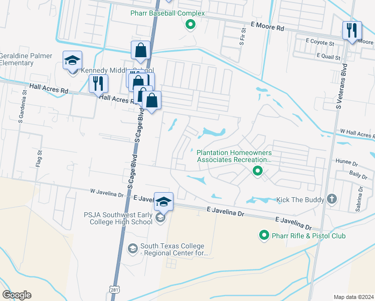 map of restaurants, bars, coffee shops, grocery stores, and more near 2717 Ashley Court in Pharr