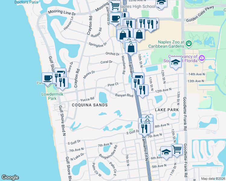 map of restaurants, bars, coffee shops, grocery stores, and more near 692 Pine Court in Naples