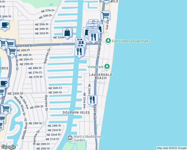 map of restaurants, bars, coffee shops, grocery stores, and more near 2915 North Ocean Boulevard in Fort Lauderdale