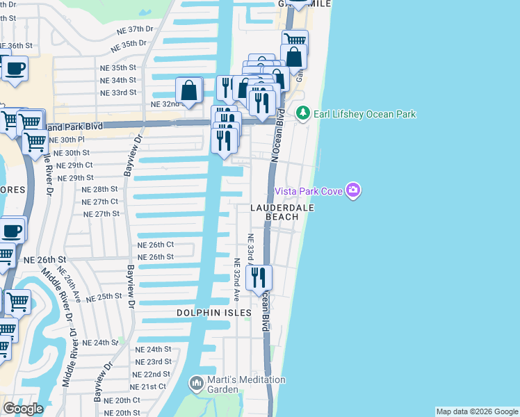 map of restaurants, bars, coffee shops, grocery stores, and more near 2915 North Ocean Boulevard in Fort Lauderdale