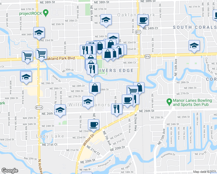 map of restaurants, bars, coffee shops, grocery stores, and more near 823 Northeast 28th Street in Wilton Manors