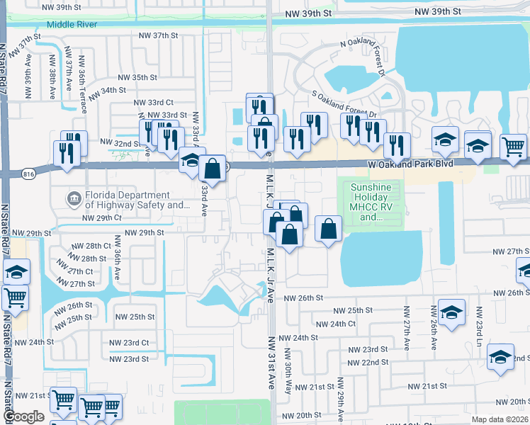 map of restaurants, bars, coffee shops, grocery stores, and more near 3003 Northwest 30th Way in Lauderdale Lakes