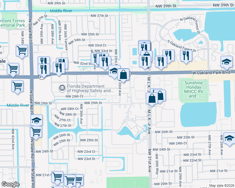map of restaurants, bars, coffee shops, grocery stores, and more near 2999 Northwest 33rd Avenue in Lauderdale Lakes