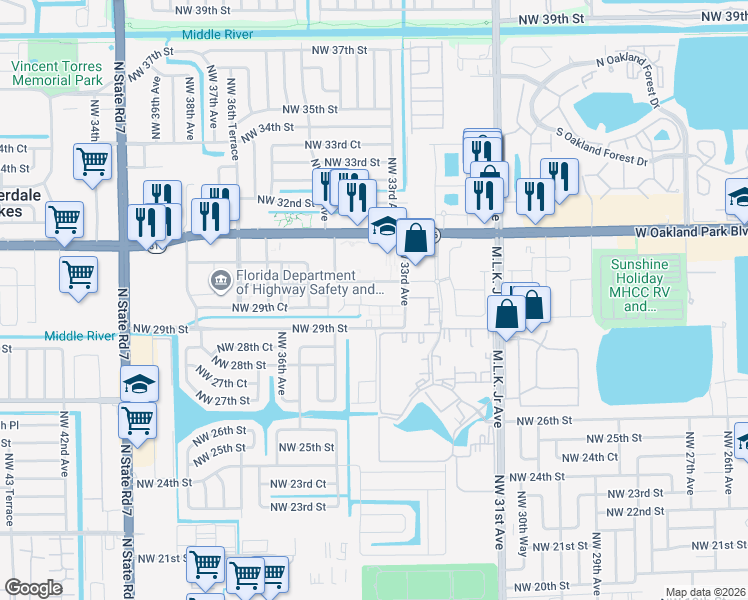 map of restaurants, bars, coffee shops, grocery stores, and more near 2975 Northwest 33Rd Way in Lauderdale Lakes