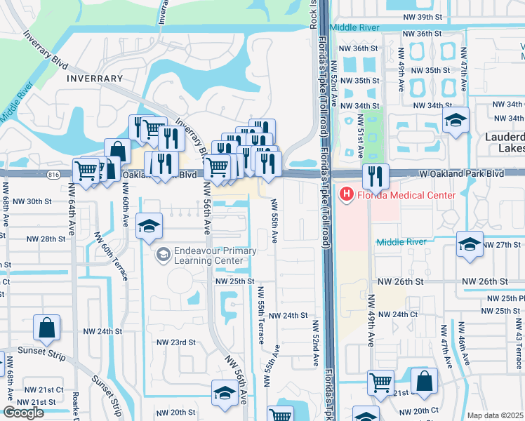 map of restaurants, bars, coffee shops, grocery stores, and more near 2801 Northwest 55th Avenue in Lauderhill