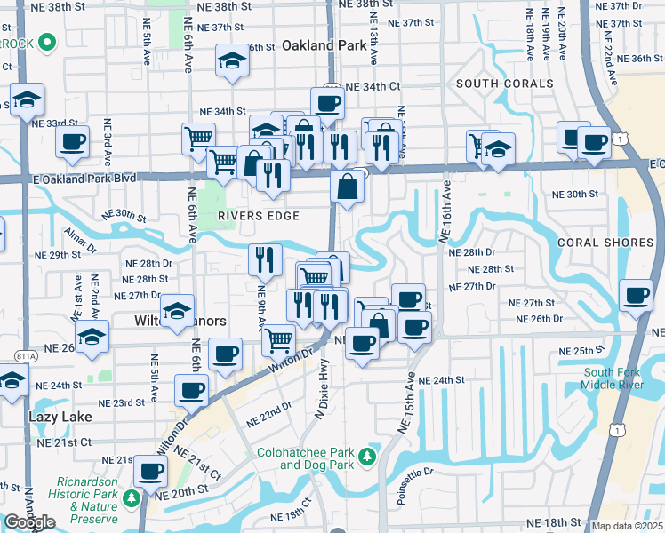 map of restaurants, bars, coffee shops, grocery stores, and more near 2816 Florida 811 in Wilton Manors