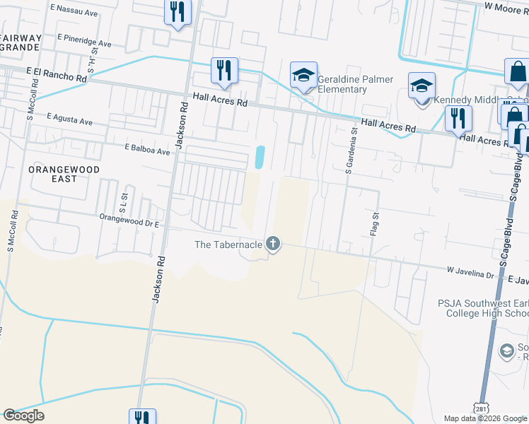 map of restaurants, bars, coffee shops, grocery stores, and more near 1400 West El Rancho Blanco Road in Pharr