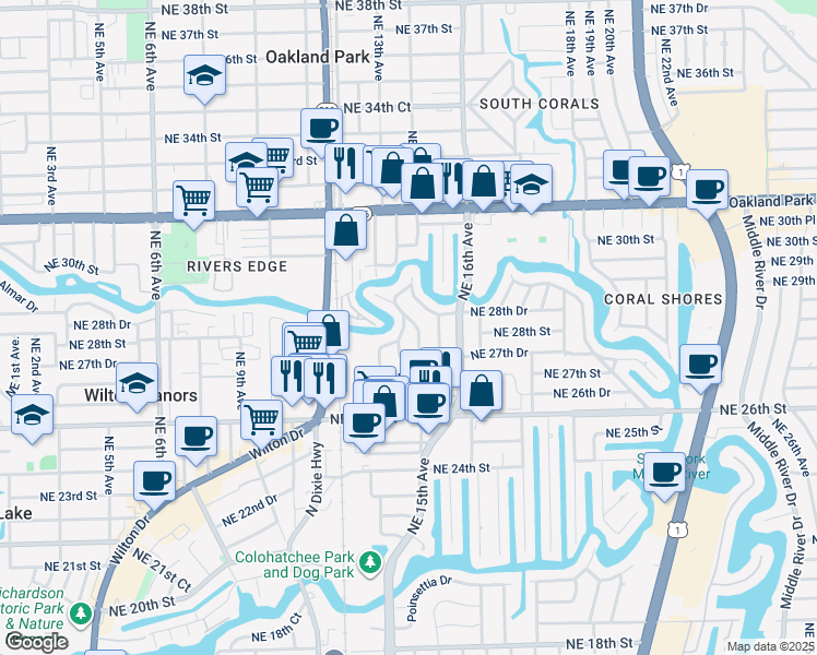 map of restaurants, bars, coffee shops, grocery stores, and more near 2756 Northeast 14th Avenue in Oakland Park