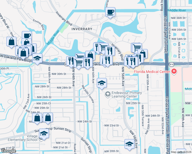 map of restaurants, bars, coffee shops, grocery stores, and more near 5966 Northwest 29th Place in Sunrise