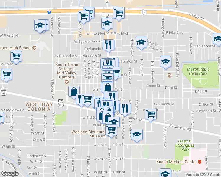 map of restaurants, bars, coffee shops, grocery stores, and more near 101 Texas Boulevard North in Weslaco