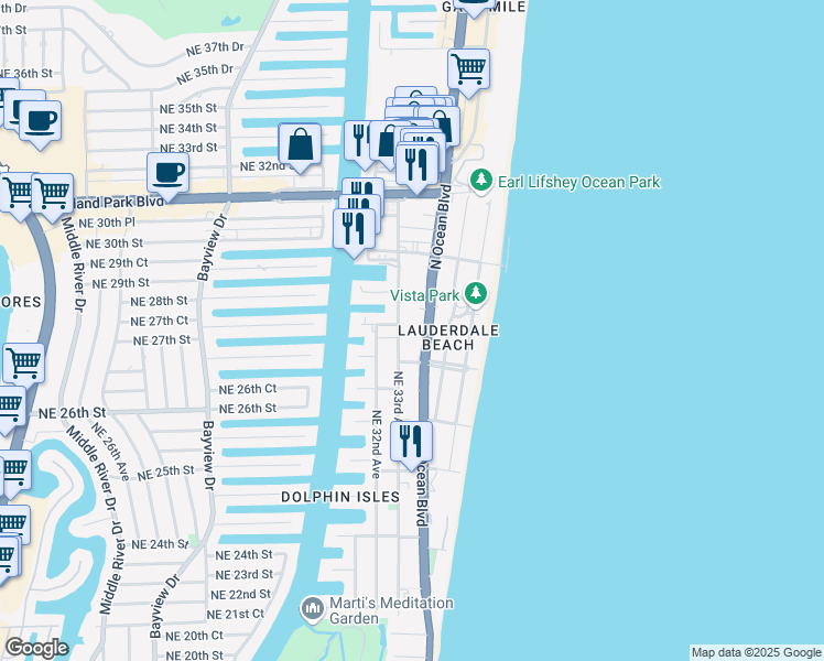 map of restaurants, bars, coffee shops, grocery stores, and more near 2915 North Ocean Boulevard in Fort Lauderdale