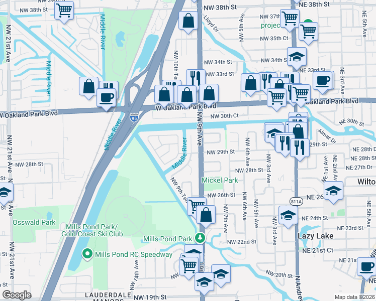 map of restaurants, bars, coffee shops, grocery stores, and more near 2907 Northwest 9th Terrace in Wilton Manors