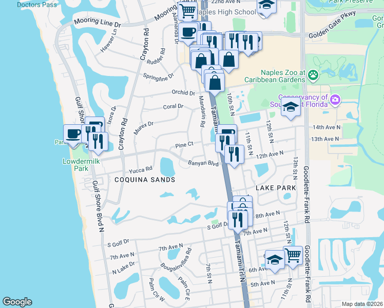 map of restaurants, bars, coffee shops, grocery stores, and more near 692 Pine Court in Naples
