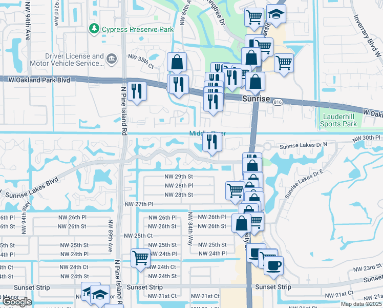 map of restaurants, bars, coffee shops, grocery stores, and more near in Sunrise