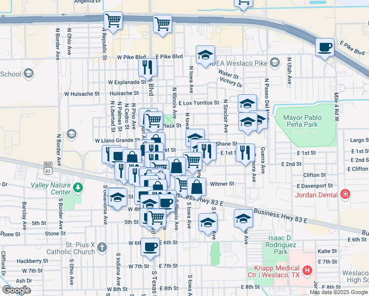 map of restaurants, bars, coffee shops, grocery stores, and more near 100 N Iowa Ave in Weslaco