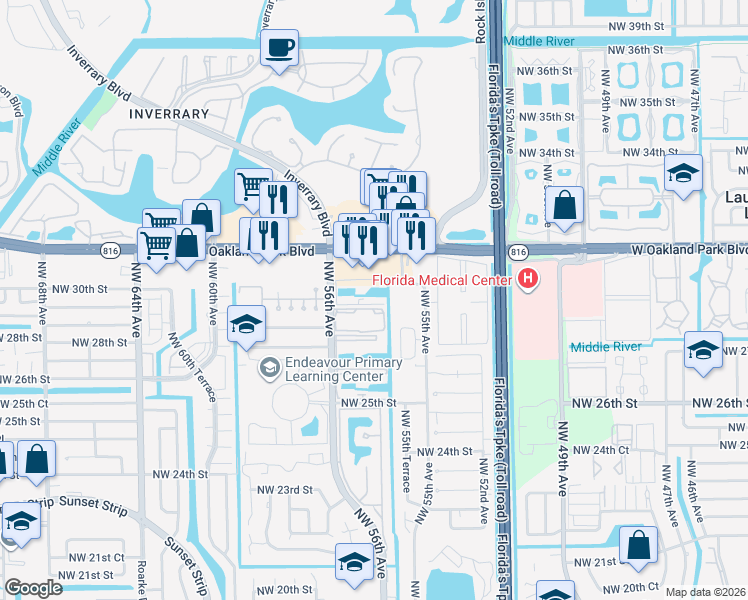 map of restaurants, bars, coffee shops, grocery stores, and more near 2992 Northwest 55th Avenue in Lauderhill