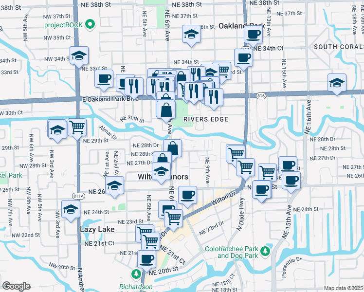 map of restaurants, bars, coffee shops, grocery stores, and more near 608 Northeast 29th Drive in Wilton Manors