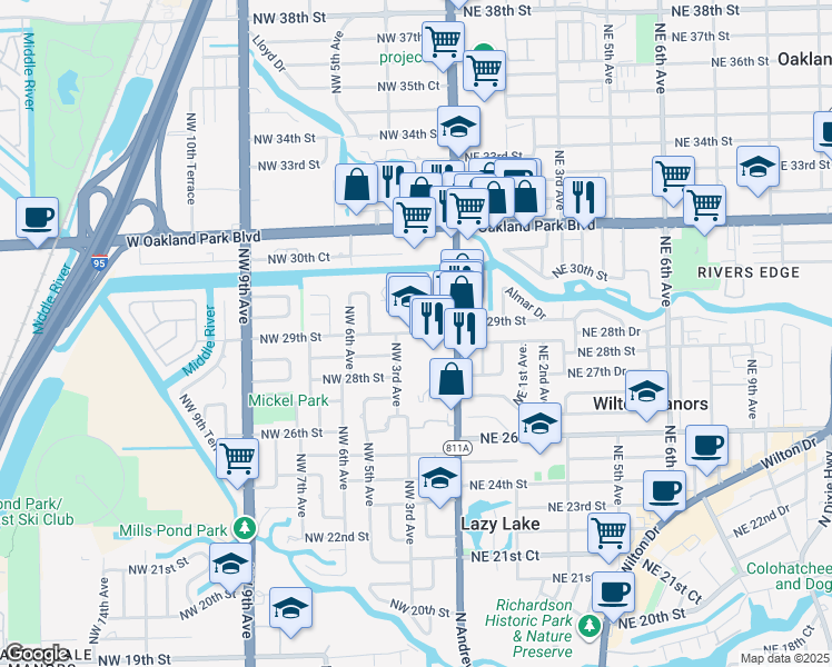 map of restaurants, bars, coffee shops, grocery stores, and more near 301 Northwest 29th Street in Wilton Manors