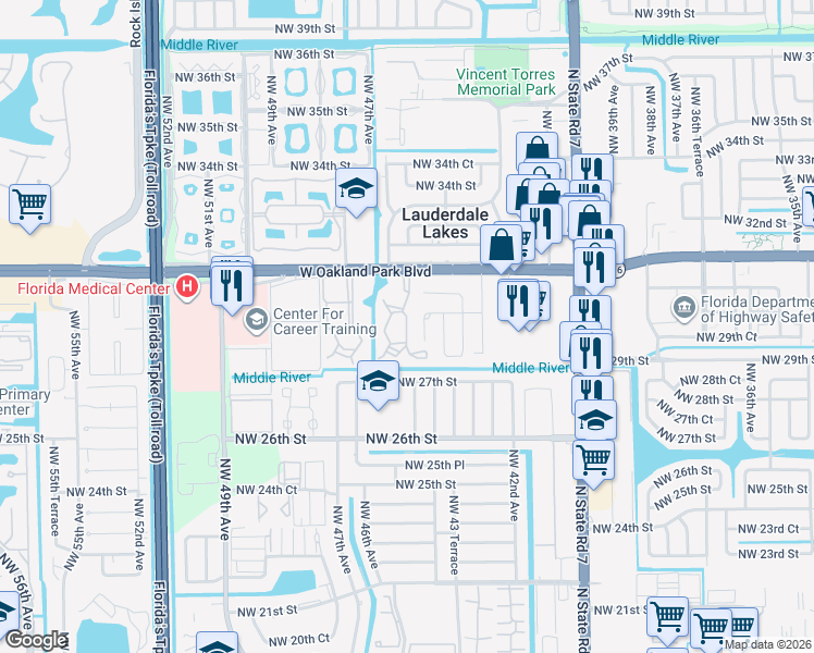 map of restaurants, bars, coffee shops, grocery stores, and more near 2961 Northwest 45th Avenue in Lauderdale Lakes