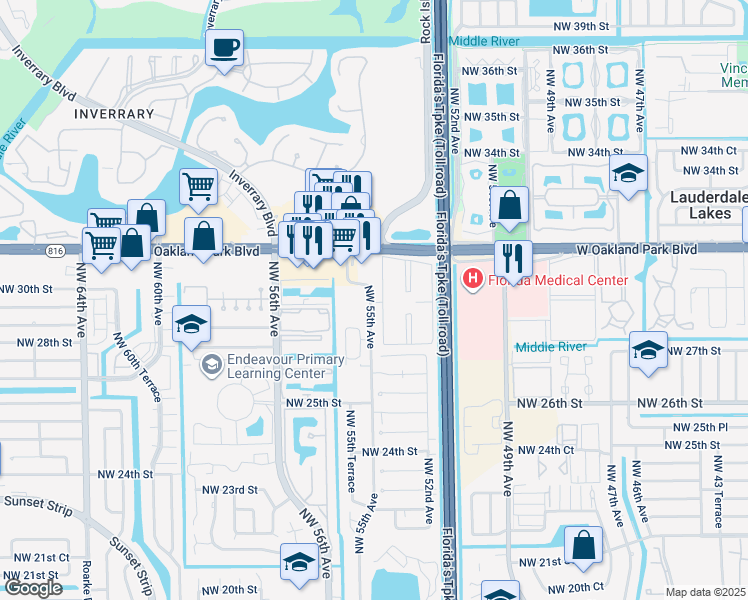 map of restaurants, bars, coffee shops, grocery stores, and more near 2801 Northwest 55th Avenue in Lauderhill
