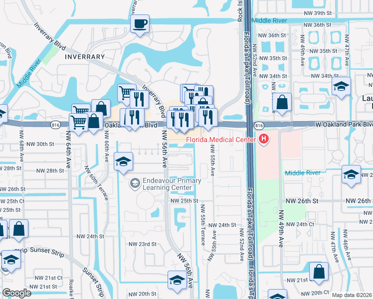 map of restaurants, bars, coffee shops, grocery stores, and more near 2992 Northwest 55th Avenue in Lauderhill