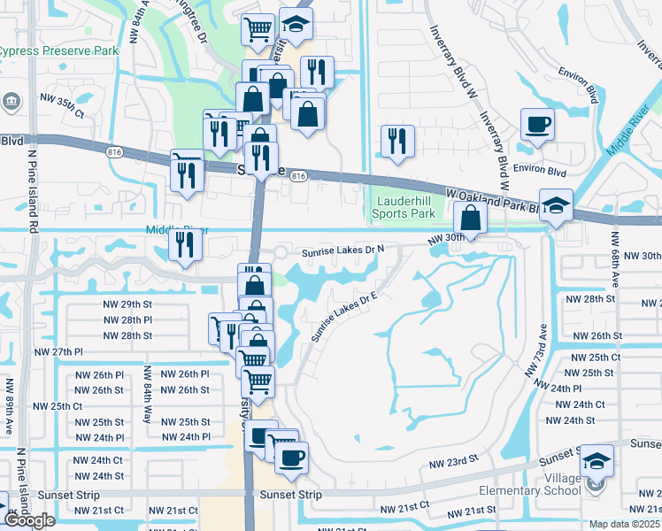 map of restaurants, bars, coffee shops, grocery stores, and more near 8040 Sunrise Lakes Drive North in Sunrise