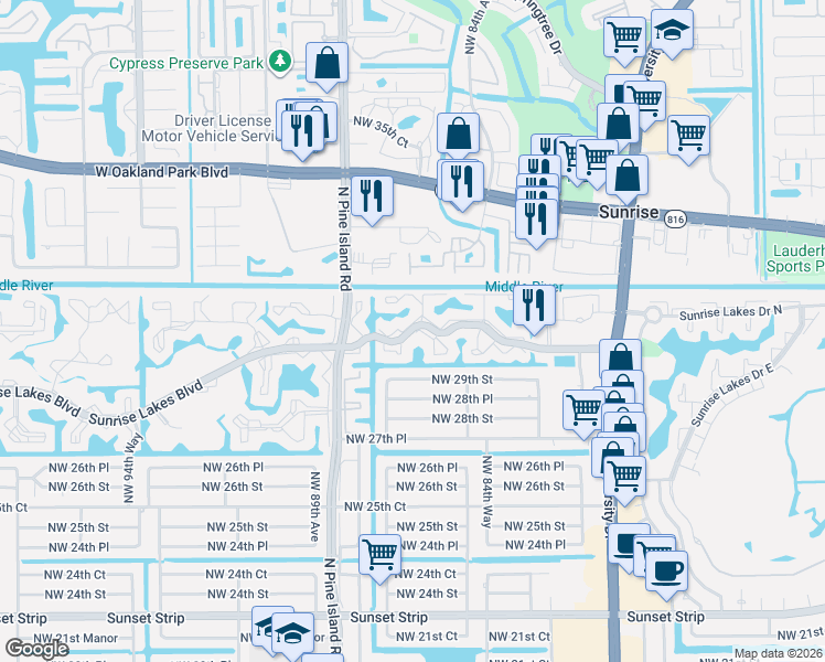 map of restaurants, bars, coffee shops, grocery stores, and more near 8610 Sunrise Lakes Boulevard in Sunrise