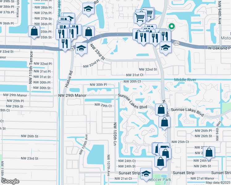 map of restaurants, bars, coffee shops, grocery stores, and more near 2975 Northwest 106th Avenue in Sunrise